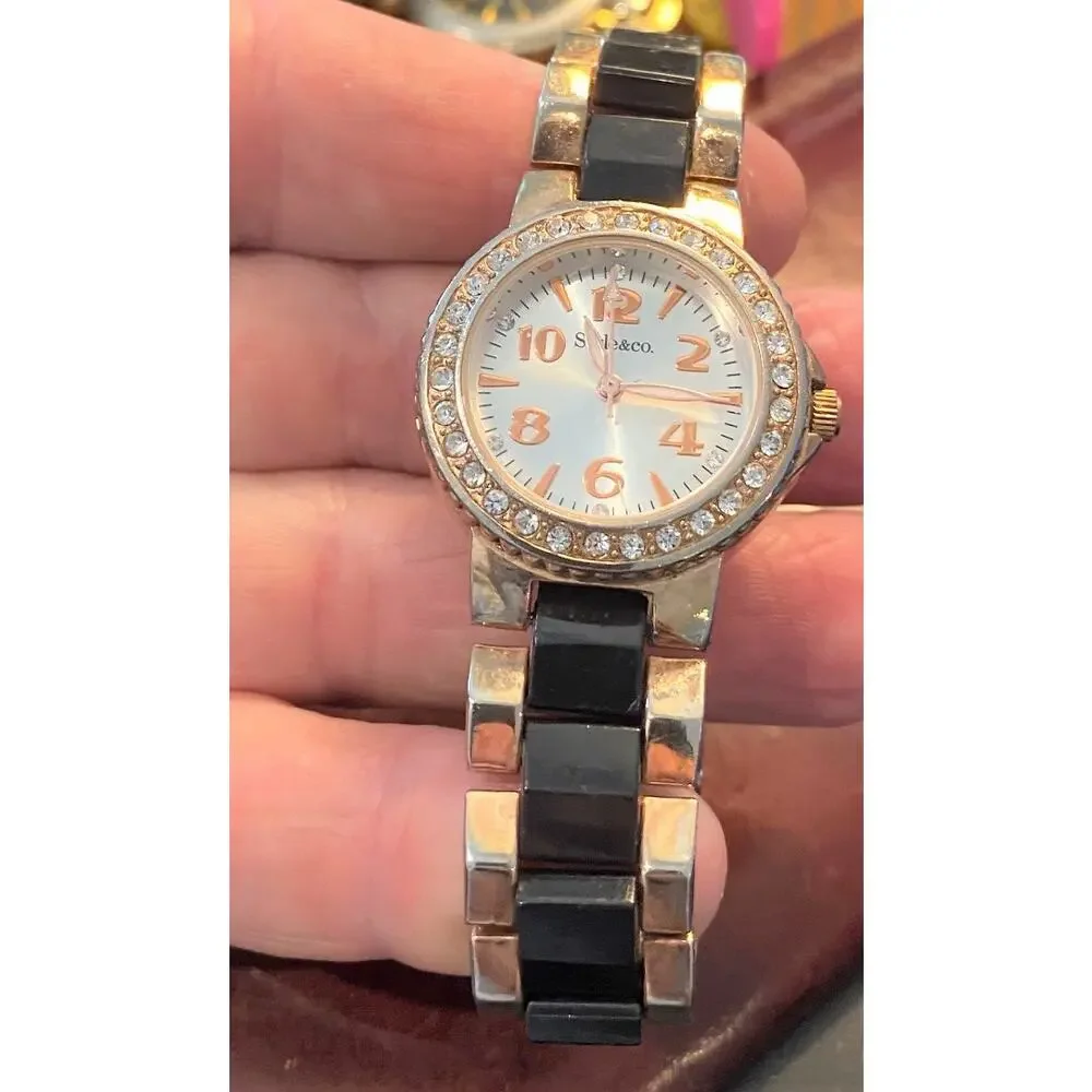 Women's Rose Gold Tone Style & Co 30mm Watch with Black Enamel & Crystal Accents